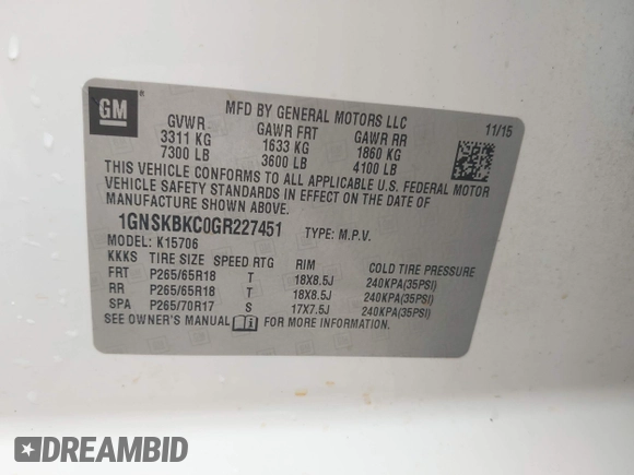 2016 Chevrolet Tahoe LT with VIN 1GNSKBKC0GR227451, listed as a IAAI auction lot 42241120 with 243,354 mi miles and . Bid and sale history available at DreamBid. Image 9.