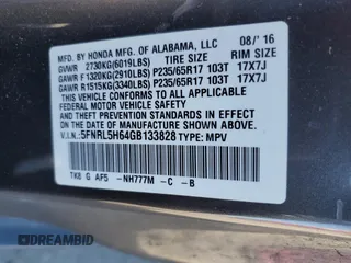 2016 Honda Odyssey EX-L with VIN 5FNRL5H64GB133828, listed as a Copart auction lot 53992655 with 68,905 mi miles and Salvage Title. Bid and sale history available at DreamBid. Image 13.