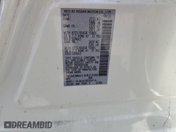2015 Nissan Pathfinder S with VIN 5N1AR2MNXFC682500, listed as a Copart auction lot 61003095 with 105,754 mi miles and Salvage title. Bid and sale history available at DreamBid. Image 13.