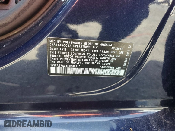 2014 Volkswagen Passat Wolfsburg Edition with VIN 1VWAT7A34EC109710, listed as a Copart auction lot 60604135 with 105,147 mi miles and Clean title. Bid and sale history available at DreamBid. Image 12.