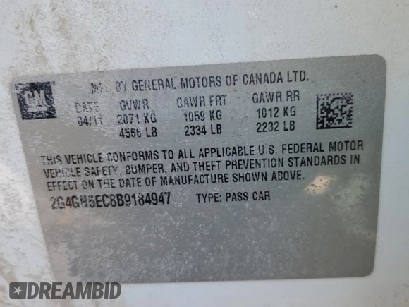 2011 Buick Regal CXL RL1 with VIN 2G4GN5EC8B9184947, listed as a Copart auction lot 48390325 with 147,971 mi miles and Clean title. Bid and sale history available at DreamBid. Image 12.