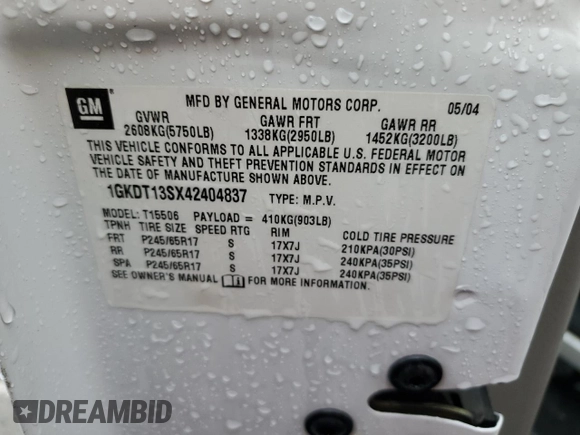 2004 GMC Envoy SLT with VIN 1GKDT13SX42404837, listed as a Copart auction lot 84515994 with 184,153 mi miles and Salvage Title. Bid and sale history available at carsss.com. Image 14.