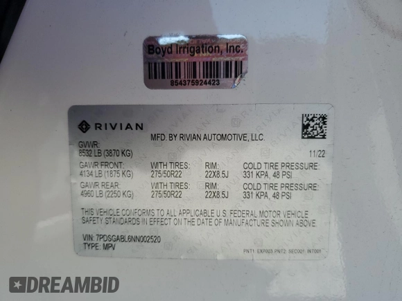2022 Rivian R1S Launch Edition with VIN 7PDSGABL6NN002520, listed as a Copart auction lot 48323715 with Not Provided miles and Salvage Title. Bid and sale history available at carsss.com. Image 14.