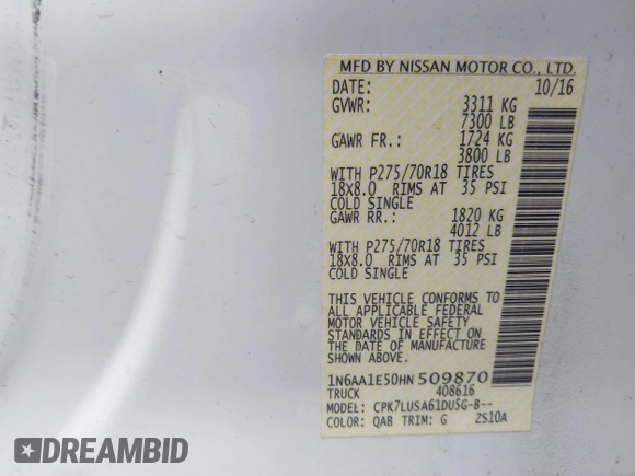 2017 Nissan Titan Platinum Reserve с VIN 1N6AA1E50HN509870, выставлен на аукционе IAAI как лот 42445829 с пробегом 150 369 миль миль и . История ставок и продаж доступна на DreamBid. Изображение 9.