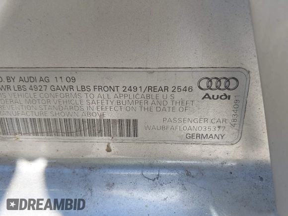 2010 Audi A4 2.0T Premium with VIN WAUBFAFL0AN035377, listed as a IAAI auction lot 42102975 with 149,714 mi miles. Bid and sale history available at carsss.com. Image 9.