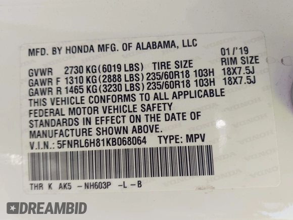 2019 Honda Odyssey Touring with VIN 5FNRL6H81KB068064, listed as a IAAI auction lot 41998072 with 83,280 mi miles. Bid and sale history available at carsss.com. Image 9.