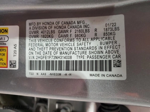 2022 Honda Civic Sedan EX with VIN 2HGFE1F73NH314008, listed as a Copart auction lot 44666195 with 22,802 mi miles and Salvage Title. Bid and sale history available at carsss.com. Image 12.