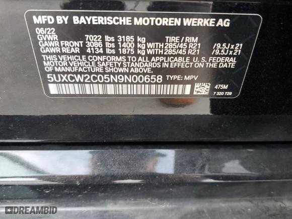 2022 BMW X7 xDrive40i with VIN 5UXCW2C05N9N00658, listed as a Copart auction lot 52007945 with 23,690 mi miles and Salvage Title. Bid and sale history available at carsss.com. Image 13.