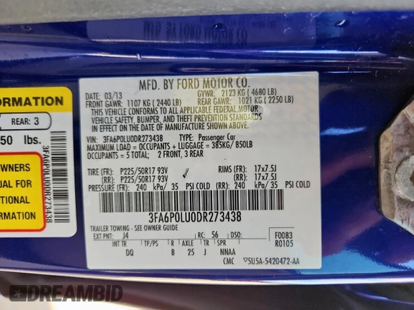 2013 Ford Fusion SE Hybrid with VIN 3FA6P0LU0DR273438, listed as a Copart auction lot 60033665 with 74,474 mi miles and Salvage title. Bid and sale history available at DreamBid. Image 12.