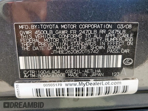 2008 Lexus IS 350 z VIN JTHBE262082015742, wystawiony jako Copart lot #50823565 z przebiegiem 162 462 mil mil oraz Czysty tytuł • Clean title. Historia ofert i sprzedaży dostępna na DreamBid. Obrazek 13.