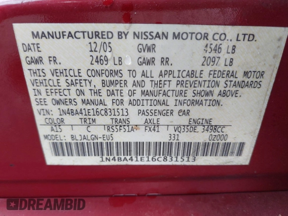 2006 Nissan Maxima 3.5 SL with VIN 1N4BA41E16C831513, listed as a IAAI auction lot 41858526 with 117,761 mi miles. Bid and sale history available at carsss.com. Image 9.