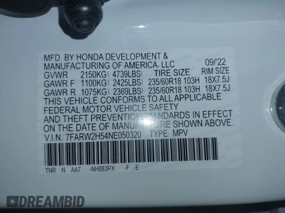 2022 Honda CR-V EX with VIN 7FARW2H54NE050320, listed as a IAAI auction lot 41884347 with 20,505 mi miles and . Bid and sale history available at DreamBid. Image 9.