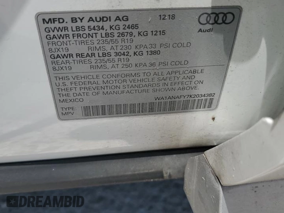 2019 Audi Q5 Premium with VIN WA1ANAFY7K2034382, listed as a Copart auction lot 56514475 with 56,620 mi miles and Salvage title. Bid and sale history available at DreamBid. Image 14.