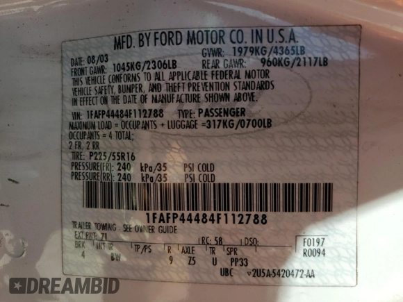 2004 Ford Mustang Deluxe with VIN 1FAFP44484F112788, listed as a Copart auction lot 58056134 with 190,207 mi miles and Non Repairable. Bid and sale history available at carsss.com. Image 13.