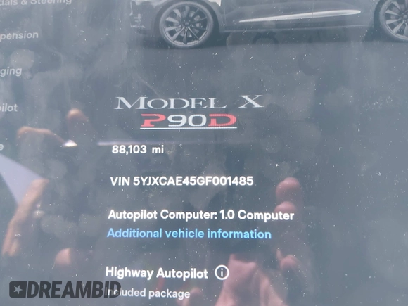 2016 Tesla Model X P90D with VIN 5YJXCAE45GF001485, listed as a IAAI auction lot 41994096 with 88,103 mi miles. Bid and sale history available at carsss.com. Image 15.