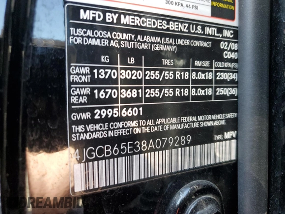 2008 Mercedes-Benz R 3.5L with VIN 4JGCB65E38A079289, listed as a Copart auction lot 63679955 with 110,219 mi miles and Salvage title. Bid and sale history available at DreamBid. Image 13.