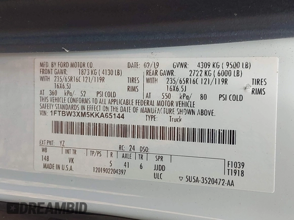 2019 Ford Transit with VIN 1FTBW3XM5KKA65144, listed as a IAAI auction lot 42177817 with 531,306 mi miles and . Bid and sale history available at carsss.com. Image 9.