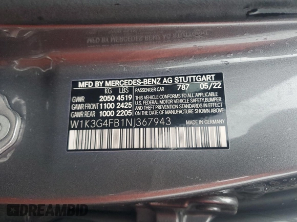 2022 Mercedes-Benz A 220 with VIN W1K3G4FB1NJ367943, listed as a Copart auction lot 85070424 with 15,922 mi miles and Salvage title. Bid and sale history available at DreamBid. Image 14.