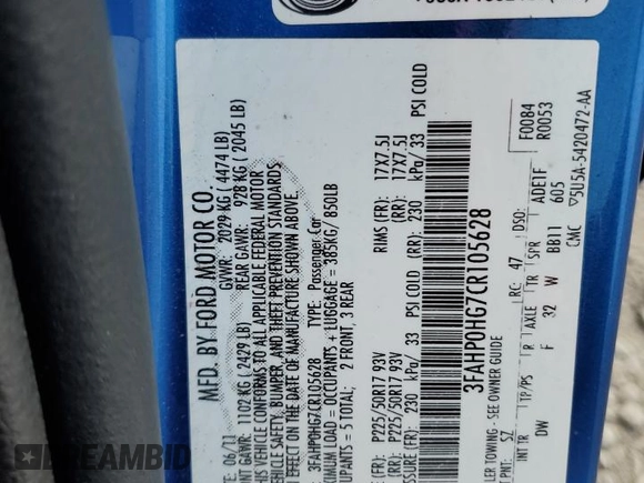 2012 Ford Fusion SE with VIN 3FAHP0HG7CR105628, listed as a Copart auction lot 53709785 with 73,975 mi miles and Salvage Title. Bid and sale history available at DreamBid. Image 12.