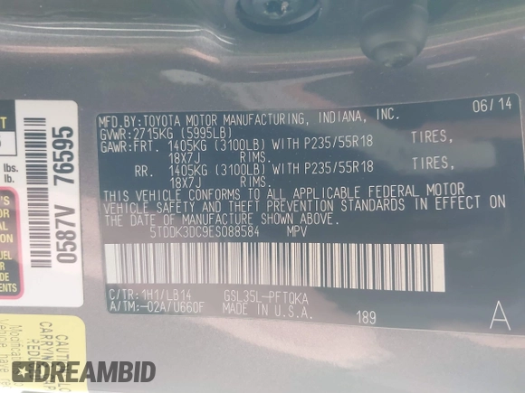 2014 Toyota Sienna Limited z VIN 5TDDK3DC9ES088584, wystawiony jako IAAI lot #42333016 z przebiegiem 115 138 mil mil oraz . Historia ofert i sprzedaży dostępna na DreamBid. Obrazek 9.
