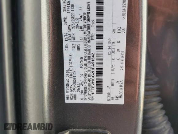 2017 Ford F-150 XL with VIN 1FTEW1CG2HFA51642, listed as a Copart auction lot 43499915 with 132,241 mi miles and Salvage title. Bid and sale history available at DreamBid. Image 12.