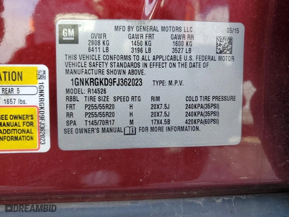 2015 Chevrolet Traverse LT with VIN 1GNKRGKD9FJ362023, listed as a Copart auction lot 83390234 with 141,117 mi miles and Salvage Title. Bid and sale history available at carsss.com. Image 13.
