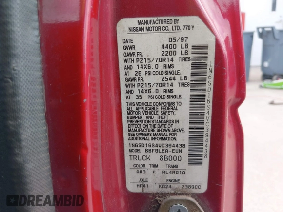 1997 Nissan Frontier XE with VIN 1N6SD16S4VC394438, listed as a IAAI auction lot 41905492 with 253,474 mi miles and . Bid and sale history available at DreamBid. Image 9.