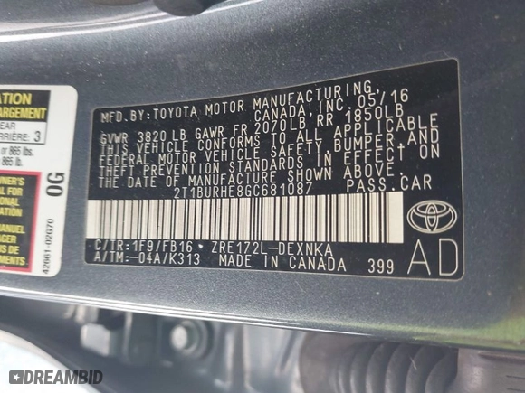 2016 Toyota Corolla L with VIN 2T1BURHE8GC681087, listed as a IAAI auction lot 41928050 with NaN miles. Bid and sale history available at carsss.com. Image 9.