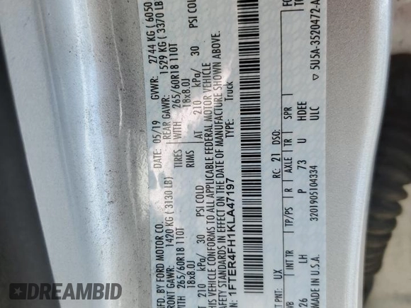 2019 Ford Ranger XL with VIN 1FTER4FH1KLA47197, listed as a Copart auction lot 58034145 with 114,002 mi miles and Salvage title. Bid and sale history available at DreamBid. Image 12.