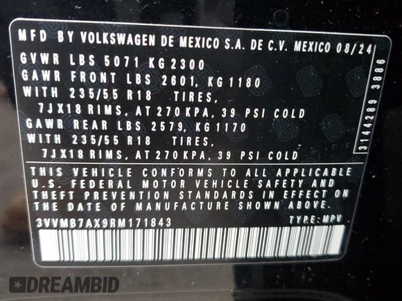 2024 Volkswagen Tiguan SE с VIN 3VVMB7AX9RM171843, выставлен на аукционе Copart как лот 56198695 с пробегом 6 933 миль миль и Списание • Salvage title. История ставок и продаж доступна на DreamBid. Изображение 13.