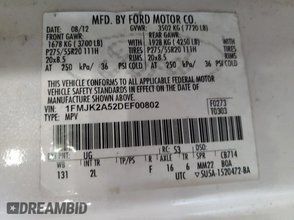 2013 Ford Expedition Max Limited with VIN 1FMJK2A52DEF00802, listed as a Copart auction lot 56463795 with 161,752 mi miles and Salvage title. Bid and sale history available at DreamBid. Image 14.