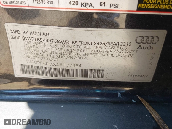2010 Audi A3 Premium Plus with VIN WAUPFAFM8AA177384, listed as a IAAI auction lot 42648878 with Not provided miles and . Bid and sale history available at DreamBid. Image 9.