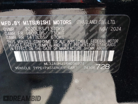 2024 Mitsubishi Mirage ES с VIN ML32AUHJ1RH036971, выставлен на аукционе IAAI как лот 42548137 с пробегом 3 743 миль миль и . История ставок и продаж доступна на DreamBid. Изображение 9.