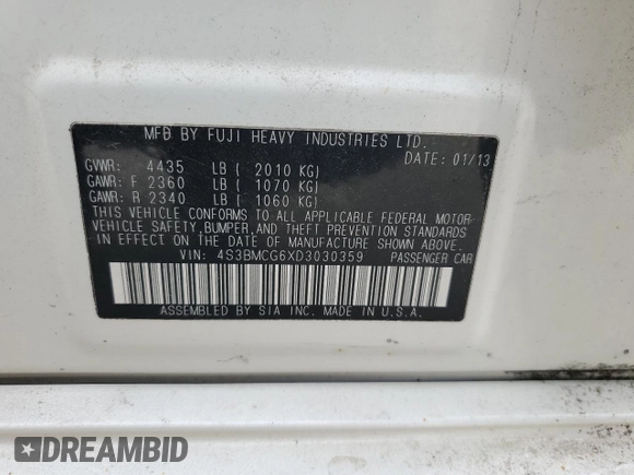 2013 Subaru Legacy Special Sports с VIN 4S3BMCG6XD3030359, выставлен на аукционе Copart как лот 58556205 с пробегом 131 876 миль миль и Списание • Salvage title. История ставок и продаж доступна на DreamBid. Изображение 12.