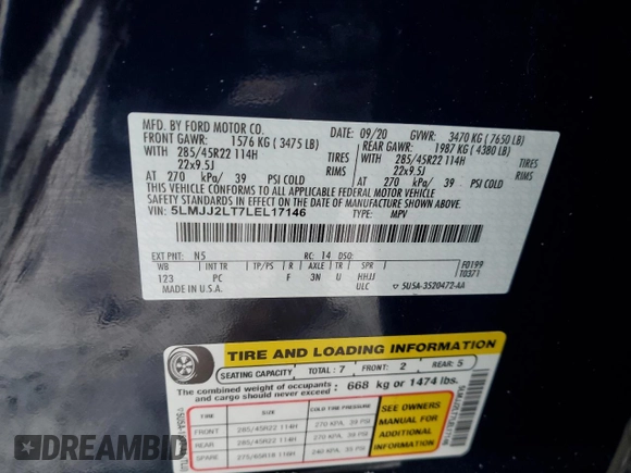 2020 Lincoln Navigator Reserve z VIN 5LMJJ2LT7LEL17146, wystawiony jako Copart lot #49923625 z przebiegiem Nie podano mil oraz Szkoda całkowita • Salvage title. Historia ofert i sprzedaży dostępna na DreamBid. Obrazek 13.