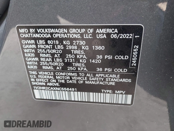 2022 Volkswagen Atlas SE with VIN 1V2HR2CAXNC556491, listed as a IAAI auction lot 41998305 with 12,310 mi miles and . Bid and sale history available at DreamBid. Image 9.