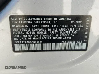 2013 Volkswagen Passat S with VIN 1VWAP7A38DC079906, listed as a Copart auction lot 48803035 with 161,262 mi miles and Non repairable. Bid and sale history available at DreamBid. Image 13.