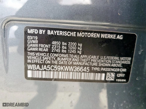 2019 BMW 5 Series 530i with VIN WBAJA5C59KWW36645, listed as a Copart auction lot 47840785 with 37,251 mi miles and Salvage Title. Bid and sale history available at carsss.com. Image 12.