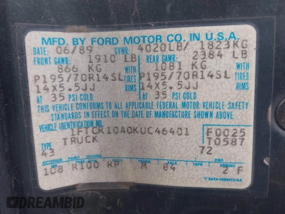 1989 Ford Ranger XLT with VIN 1FTCR10A0KUC46401, listed as a IAAI auction lot 41605043 with 44,394 mi miles. Bid and sale history available at carsss.com. Image 9.