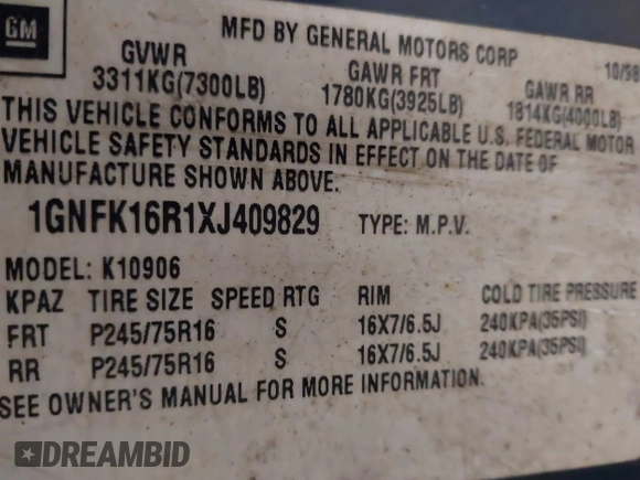 1999 Chevrolet Suburban z VIN 1GNFK16R1XJ409829, wystawiony jako IAAI lot #42045240 z przebiegiem 337 554 mil mil oraz . Historia ofert i sprzedaży dostępna na DreamBid. Obrazek 9.