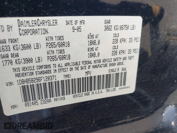 2006 Dodge Durango Limited z VIN 1D8HB58296F120371, wystawiony jako IAAI lot #42515535 z przebiegiem 302 797 mil mil oraz . Historia ofert i sprzedaży dostępna na DreamBid. Obrazek 9.