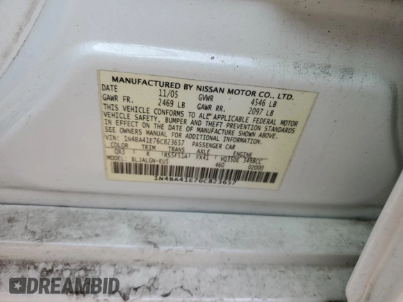 2006 Nissan Maxima 3.5 SE with VIN 1N4BA41E76C823657, listed as a Copart auction lot 65844744 with 111,413 mi miles and Salvage Title. Bid and sale history available at carsss.com. Image 12.