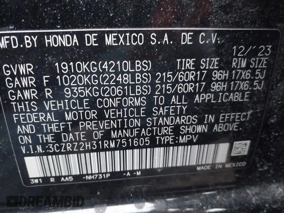 2024 Honda HR-V LX with VIN 3CZRZ2H31RM751605, listed as a IAAI auction lot 41554634 with 23,187 mi miles and . Bid and sale history available at DreamBid. Image 9.