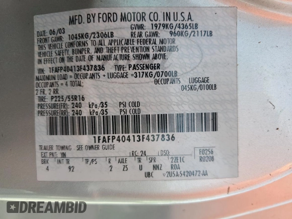 2003 Ford Mustang Standard с VIN 1FAFP40413F437836, выставлен на аукционе Copart как лот 58623395 с пробегом Не указан миль и Чистый • Clean title. История ставок и продаж доступна на DreamBid. Изображение 13.