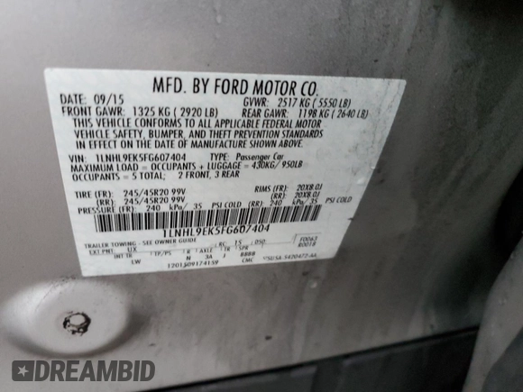 2015 Lincoln MKS with VIN 1LNHL9EK5FG607404, listed as a Copart auction lot 43246995 with Not provided miles and Salvage title. Bid and sale history available at DreamBid. Image 13.