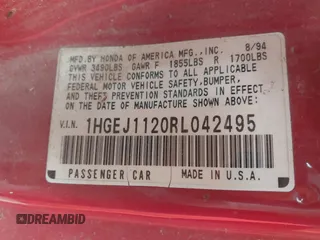 1994 Honda Civic z VIN 1HGEJ1120RL042495, wystawiony jako IAAI lot #42256800 z przebiegiem 204 633 mil mil oraz . Historia ofert i sprzedaży dostępna na DreamBid. Obrazek 9.