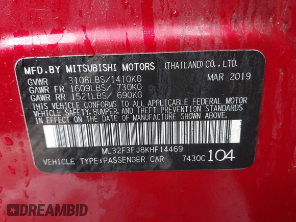 2019 Mitsubishi Mirage ES z VIN ML32F3FJ8KHF14469, wystawiony jako IAAI lot #41794796 z przebiegiem 135 373 mil mil oraz . Historia ofert i sprzedaży dostępna na DreamBid. Obrazek 9.