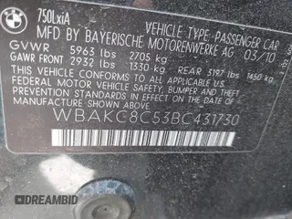 2011 BMW 7 Series 750Li xDrive с VIN WBAKC8C53BC431730, выставлен на аукционе IAAI как лот 42558302 с пробегом 105 981 миль миль и . История ставок и продаж доступна на DreamBid. Изображение 9.