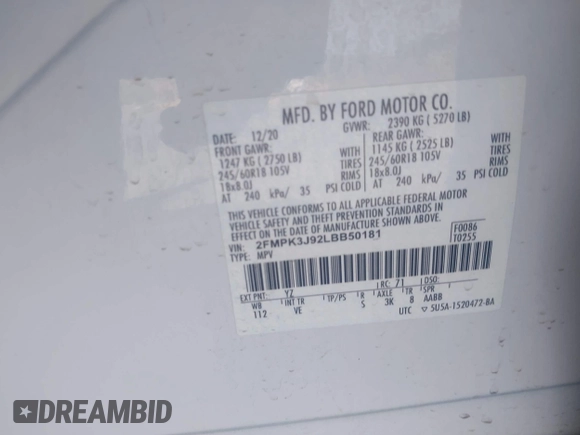 2020 Ford Edge SEL с VIN 2FMPK3J92LBB50181, выставлен на аукционе IAAI как лот 42315954 с пробегом Не указан миль и . История ставок и продаж доступна на DreamBid. Изображение 9.