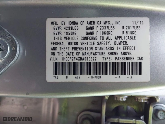2011 Honda Accord Sdn LX-P with VIN 1HGCP2F4XBA050322, listed as a IAAI auction lot 41394068 with 166,740 mi miles. Bid and sale history available at carsss.com. Image 9.